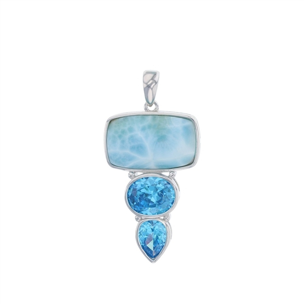 925 Sterling  Silver Larimar Emerald Shape w Oval & Pear Aqua CZ Pendant  8.1 gm